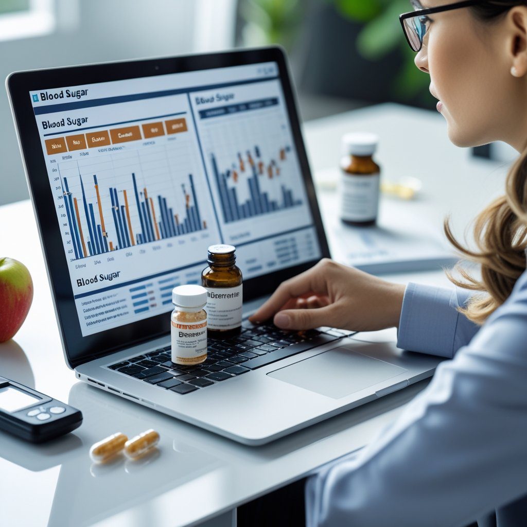 A person in business casual clothing analyzing blood sugar data on a laptop with two supplement bottles and a glucose meter on the desk.