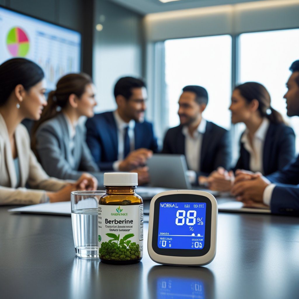 Busy professionals discussing health in an office with a glass of water, herbal supplement bottle, and a digital glucose monitor on the table.
