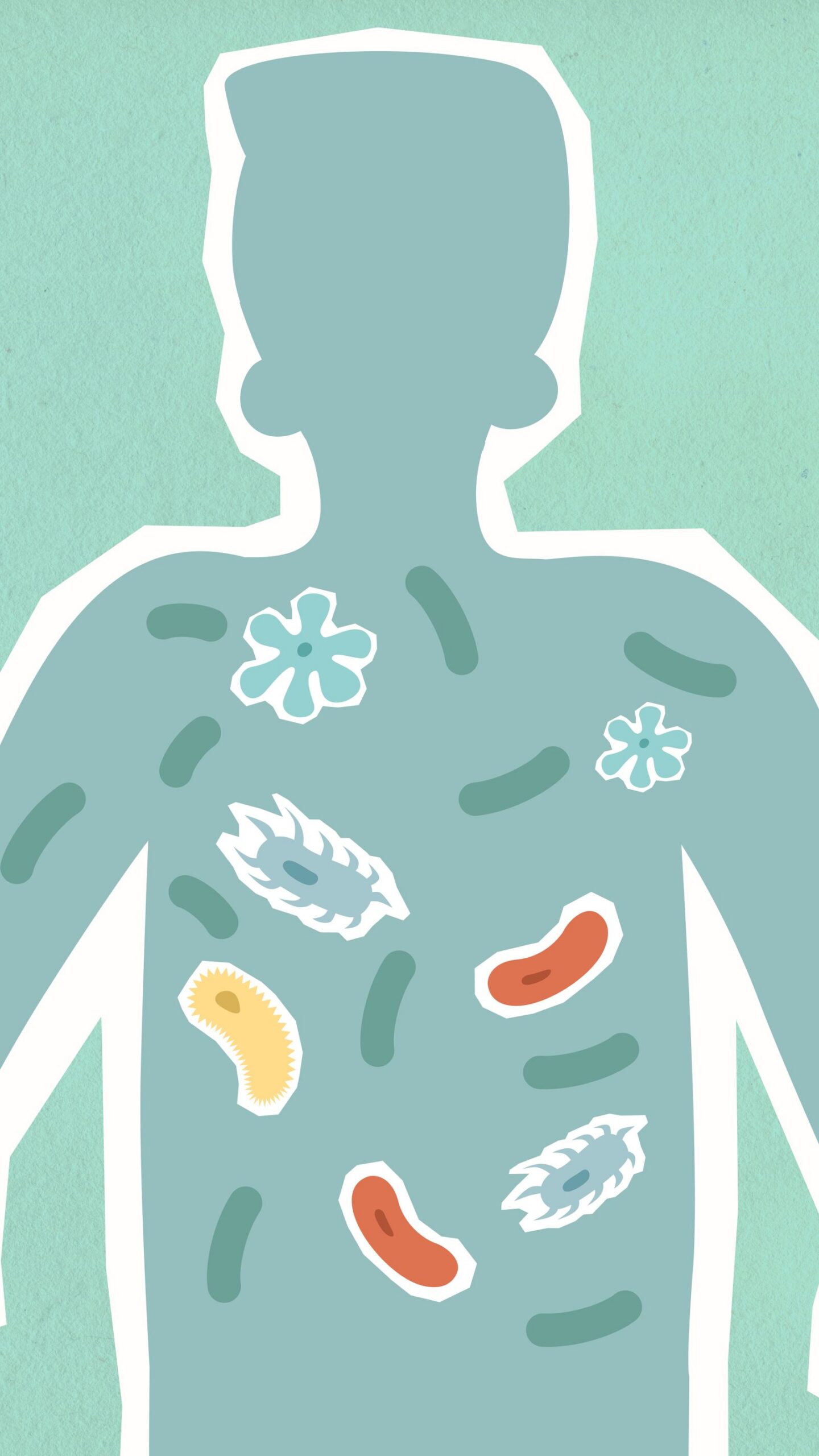 leaky gut long covid illustration showing bacteria and microbiome markers across the digestive tract